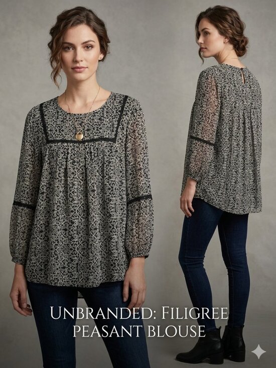 Unbranded Tops - Boho Black & White Filigree Peasant Blouse Sheer Lace Trim Top Size Large